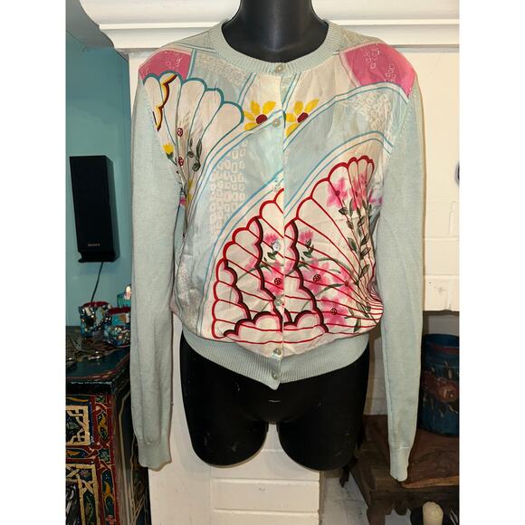 VINTAGE NEIMAN MARCUS SILK BLEND PRINT SCARF FRONT LIGHTWEIGHT CARDIGAN SWEATER - Picture 1 of 8